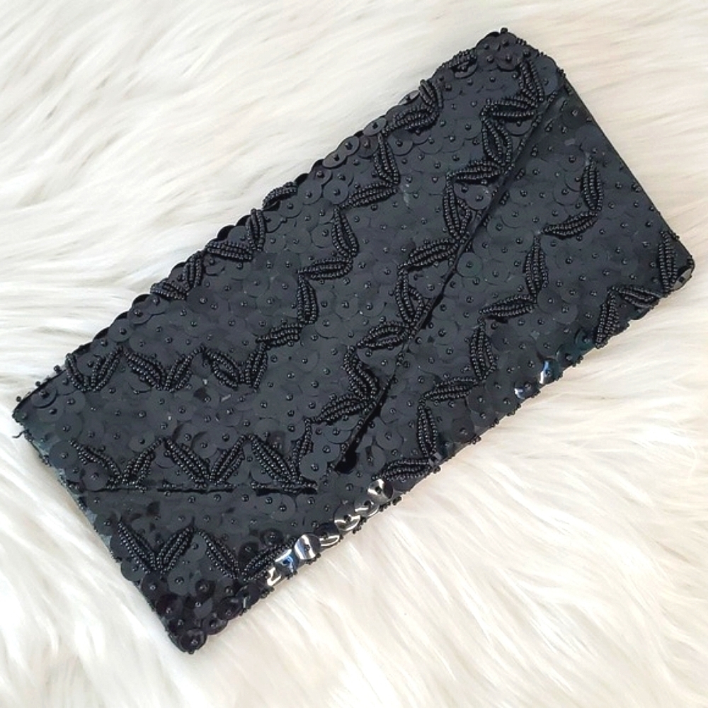 Vintage Full Sequin Beaded Black Flapper Style Clutch Wallet Gothic Hong Kong - Picture 12 of 14